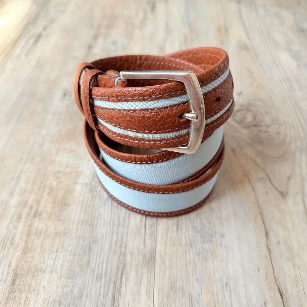 Vintage Genuine Leather Canvas Belt Brown Baby Blue Wide Y2K Belt Size 33